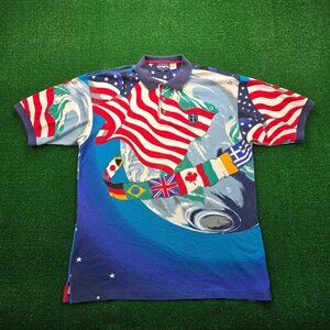 Divots Polo Shirt Mens 2XL/XL Vintage USA World Flag Patriotic‎ AOP Golf Casual